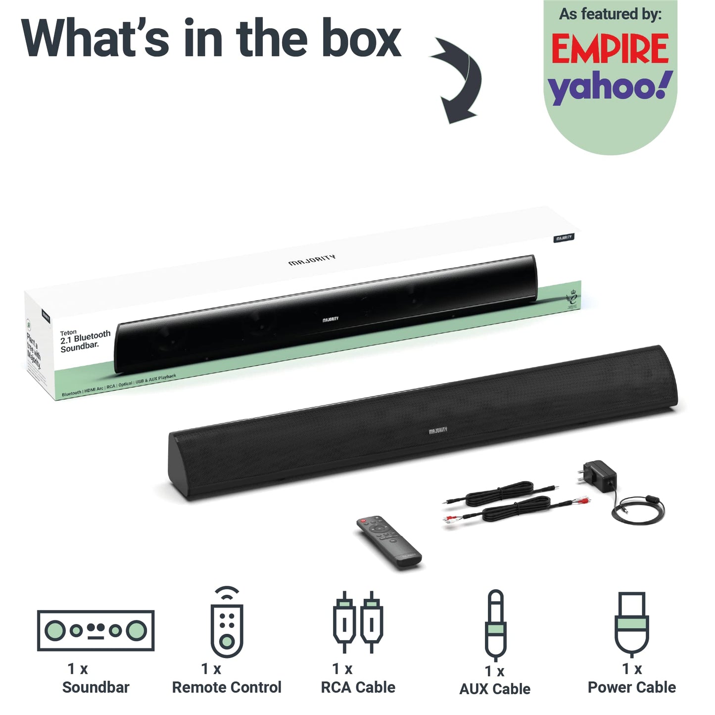 Majority - Potente barra de sonido estéreo de 120 W para TV, sonido de 2.1 canales, barra de sonido 3D de cine en casa con subwoofer incorporado | HDMI ARC, Bluetooth, óptico, RCA, USB y reproducción