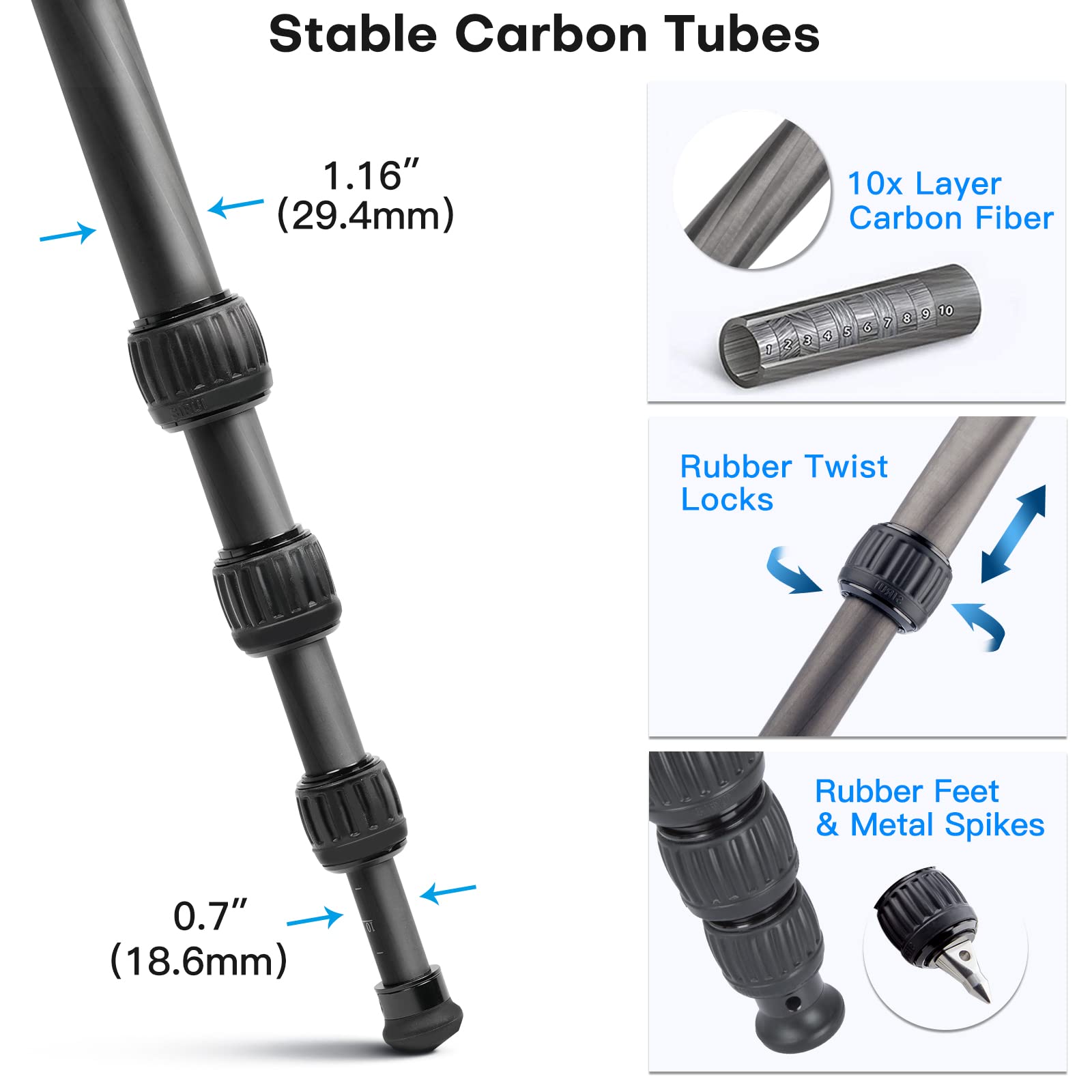 Trípode de Fibra de Carbono SIRUI AM-254 Negro con Columna Central de Dos Secciones para Cámara