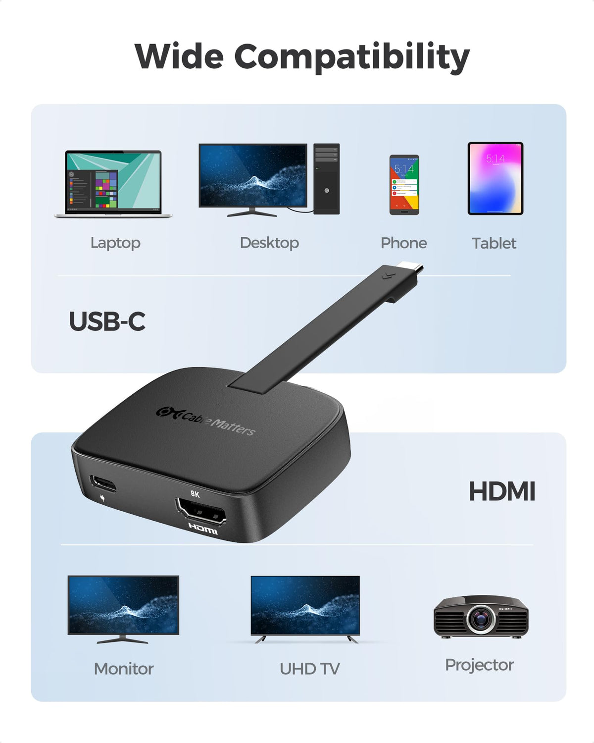 Adaptador USB C Cable Matters HDMI 2.1 48 Gbps con carga de host 100 W