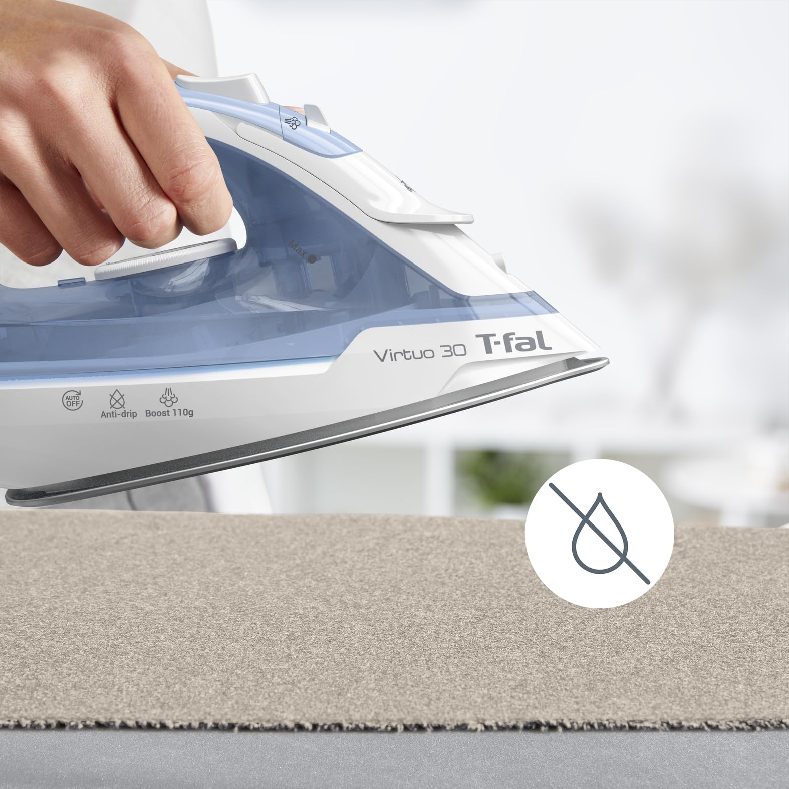 Plancha de Vapor T-fal Blanca Azul Virtuo 30 con Auto Apagado y Suela de Cerámica XL