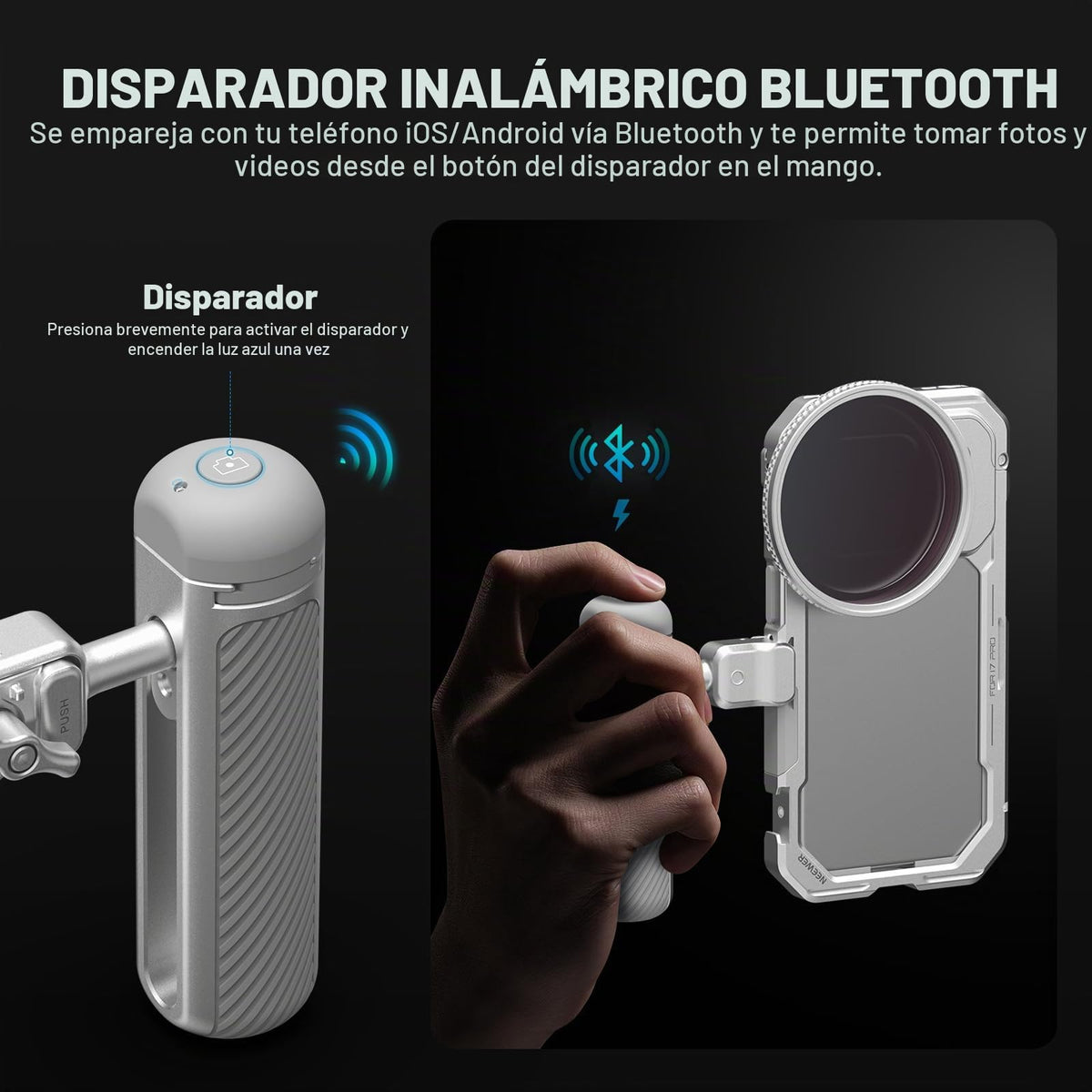 Mango Lateral NEEWER Plateado Gris con Obturador Bluetooth Desmontable y Rotación 360 Grados Compatible con iPhone 16 Pro 16 Pro MAX S25 Ultra