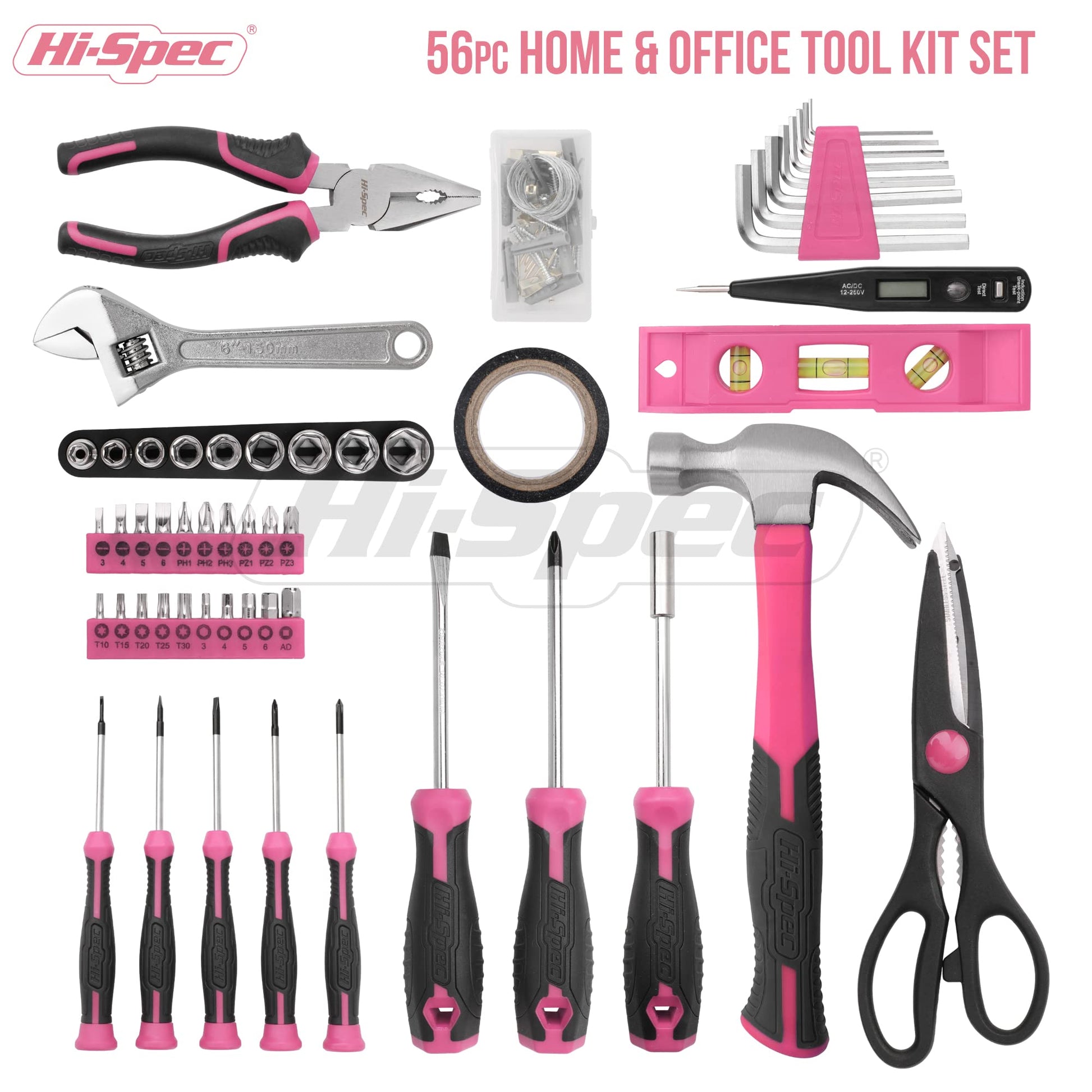 Hi-Spec Caja de Herramientas Rosa para El Hogar de 56 Piezas. Juego de Herramientas Completa para Reparación, Mantenimiento, y Mecánica. Martillo, Alicates, y Llaves. con Maletin de Almacenamiento