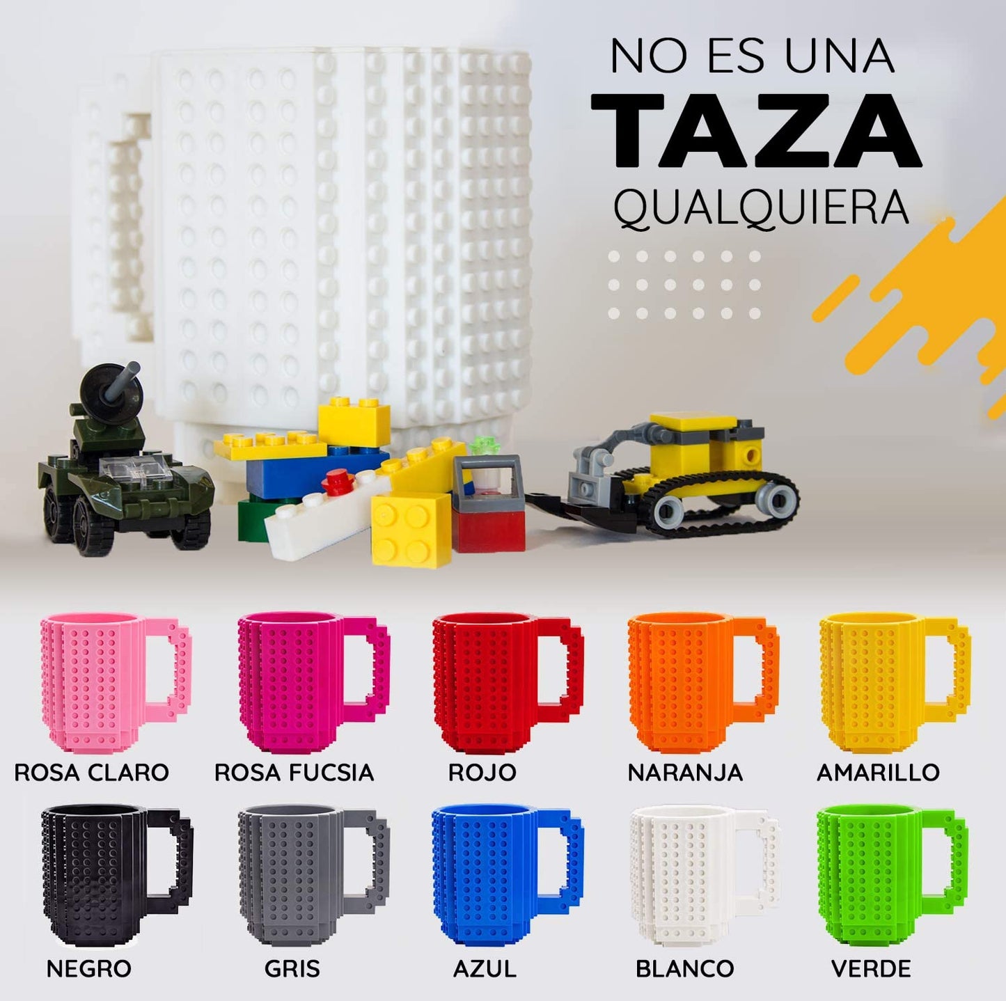 John & John Taza armable de diseño Divertido para Ladrillos, Incluye un muñeco y 2 Sets de Bloques de construcción para Jugar (10 Colores) - Blanco
