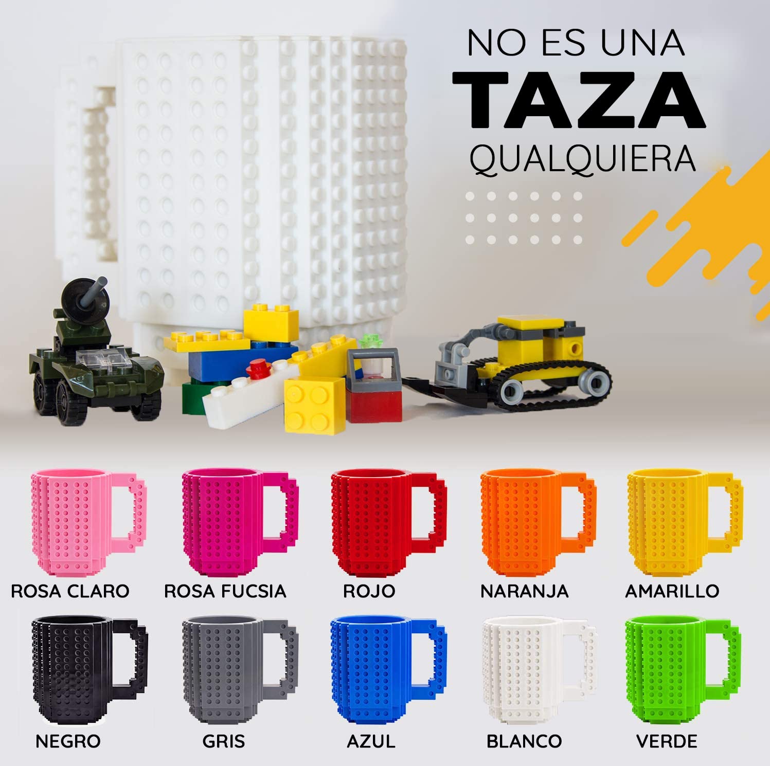John & John Taza armable de diseño Divertido para Ladrillos, Incluye un muñeco y 2 Sets de Bloques de construcción para Jugar (10 Colores) - Blanco
