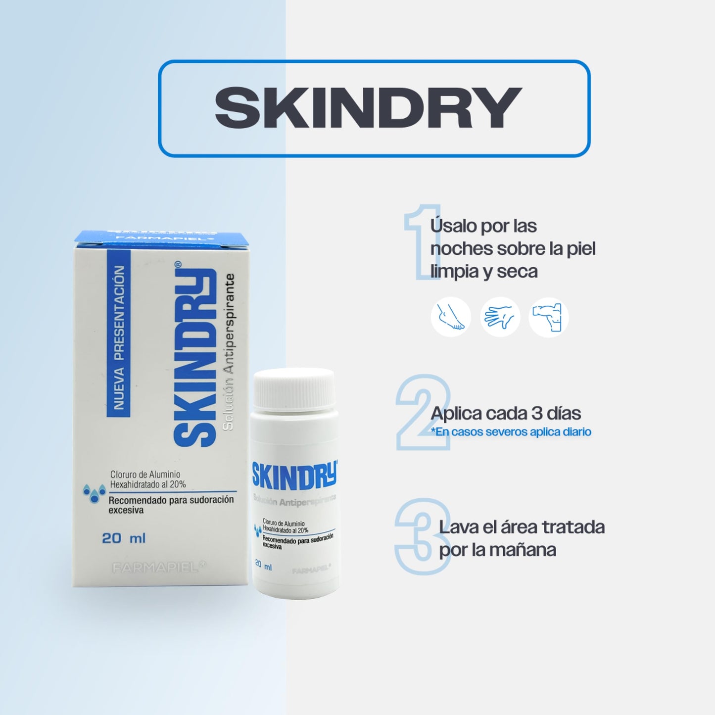SKINDRY Sensitive Desodorante Mujer y Hombre para Pieles Sensibles y Sudoración Excesiva | 48 hrs de Protección | Antitranspirante Natural para Axilas, Pies, Manos, Espalda, Cuero Cabelludo | 20 ml