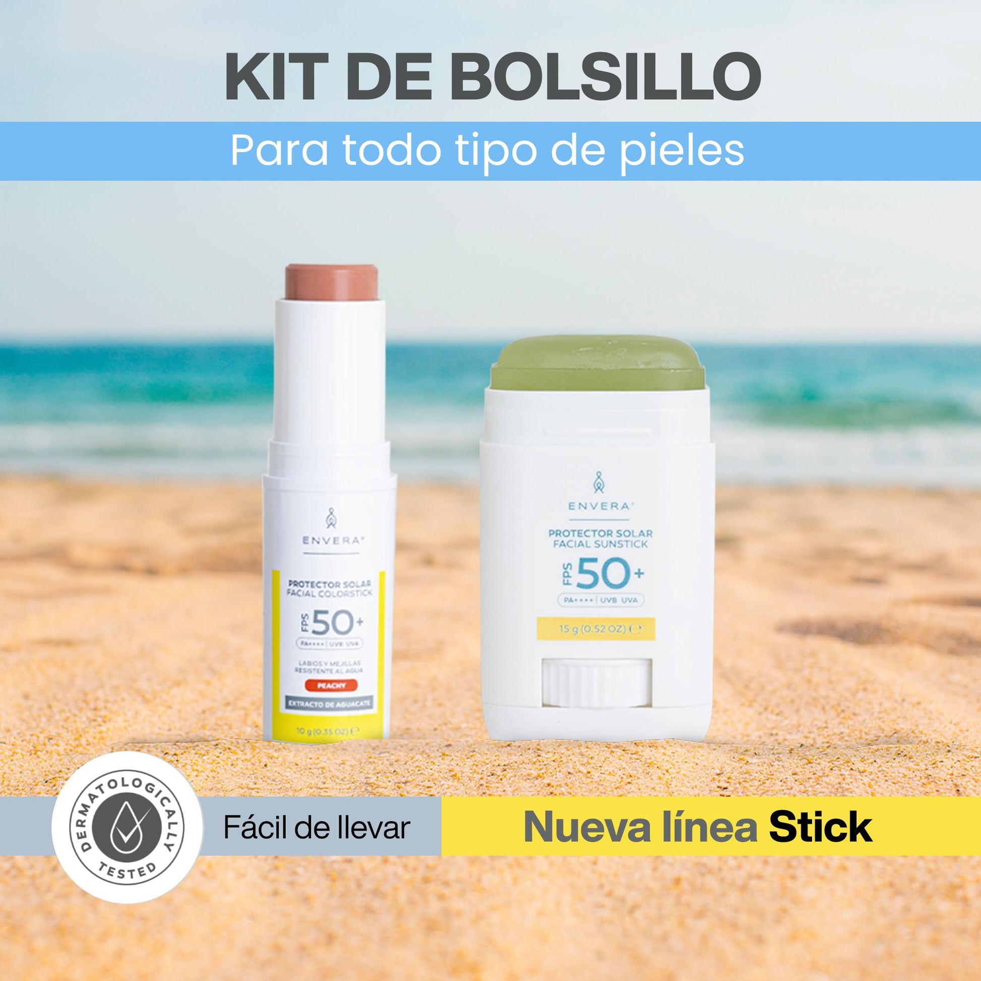 ENVERA Kit "En mi bolsillo" Protector en Barra Invisible + Protector solar Facial en barra con Color para mejillas, párpados y labios | Regalos para Mujer San Valentin