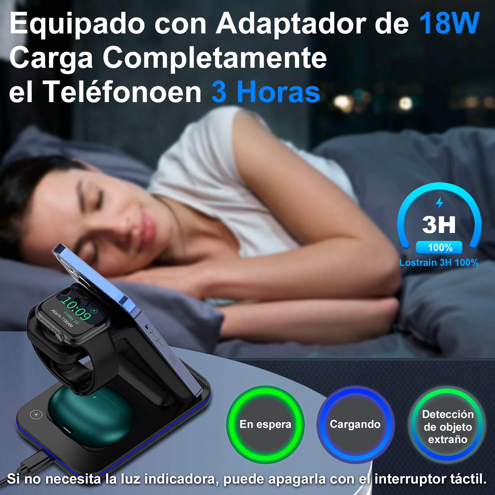 Lostrain Cargador Inalámbrico 3 en 1,Estación de Carga inalámbrica con 18W Qi Carga para iPhone 15/14/13/12/11/XR/XS/8,Huawei,Xiaomi,Airpods 3/2/Pro,Soporte de Carga con Multi-Protección