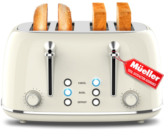 Mueller Retro Toaster 4 Slice with Extra Wide Slots Bagel, Defrost, and Cancel Function, 6 Browning Levels, Dual Independent Controls, Removable Crumb Tray and High Lift Levers, Pink