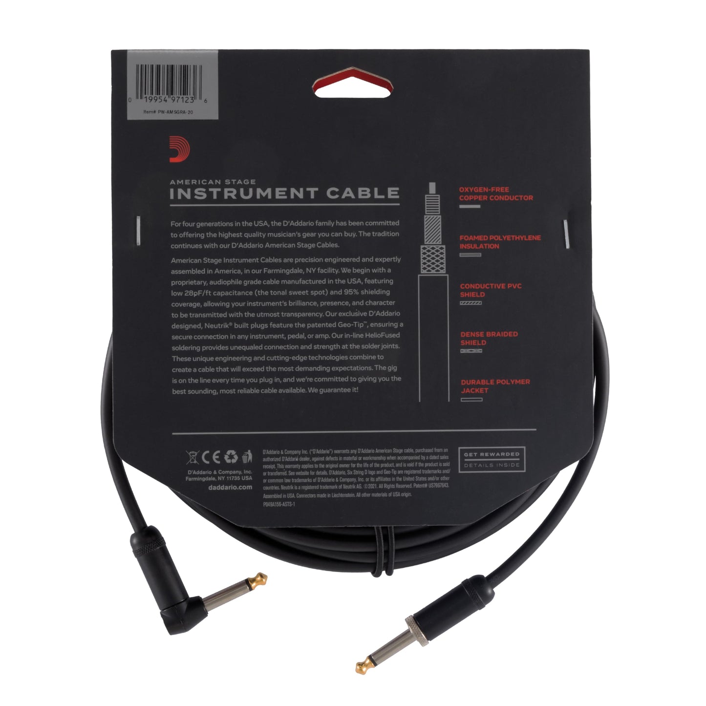 Cable de guitarra D'Addario American Stage, cable de instrumento con conectores de 1/4", extremo recto/ángulo recto, 6 metros