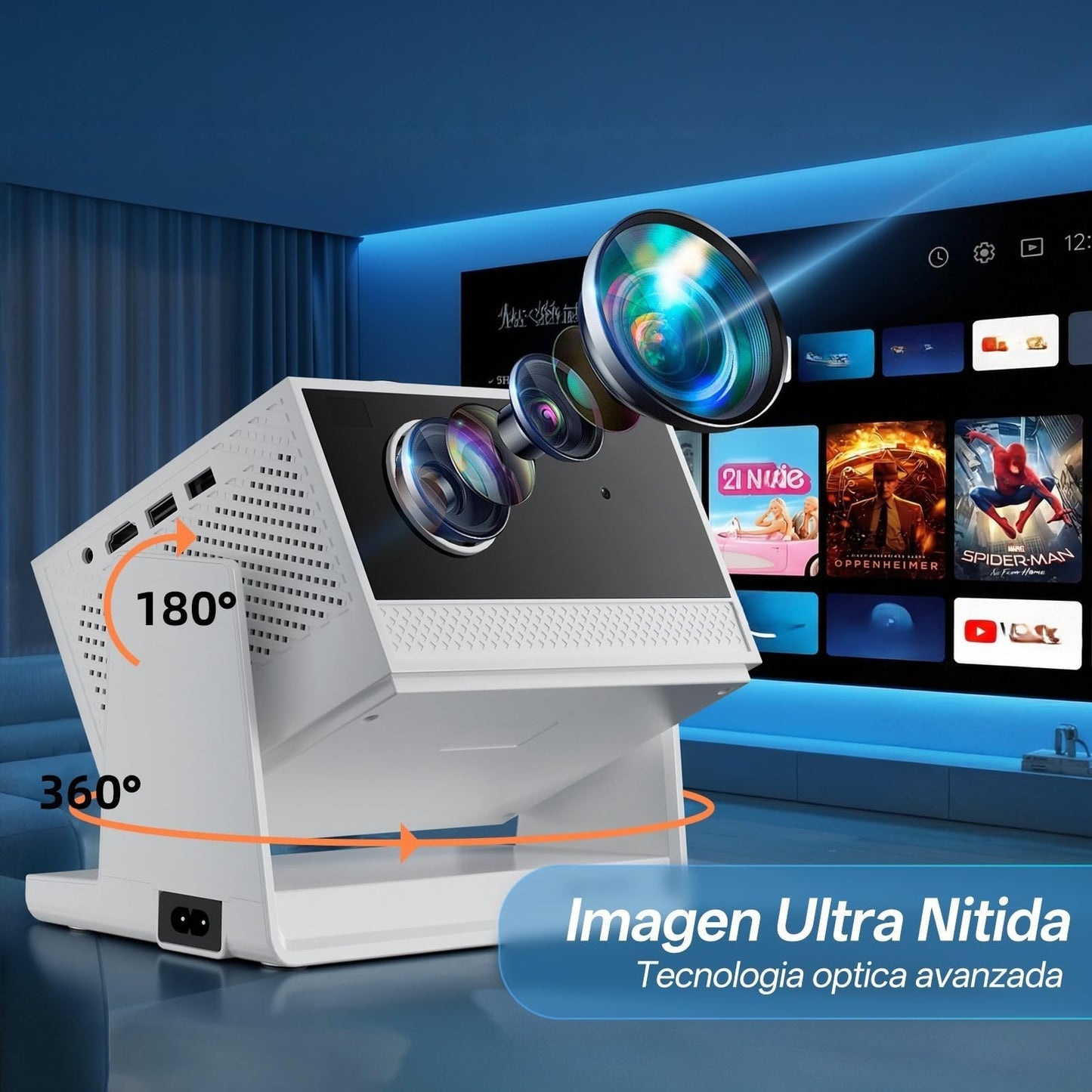 AOSO Proyector Portatil Ldeal para Ver Copa Mundial，1080P & 4K Proyectores Inteligente, 4000+ Apps con Prime Video, Estándar 300 ANSI Mini Proyector，Bluetooth5.2 & WiFi 6 con HDMI(Blanco