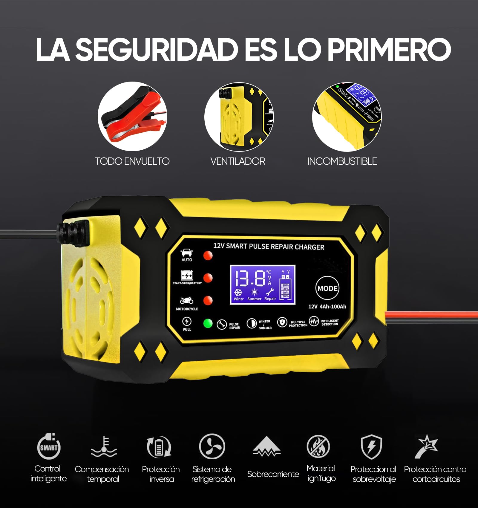 Cargador de Bateria de Auto 12V 6A,Portatil Cargador de Baterías Automático Coche Moto SUV,LCD Pantalla,Múltiples Protecciones,Ajuste Inteligente de Corriente para Cargar y Proteger Batería,ATVs,RVs