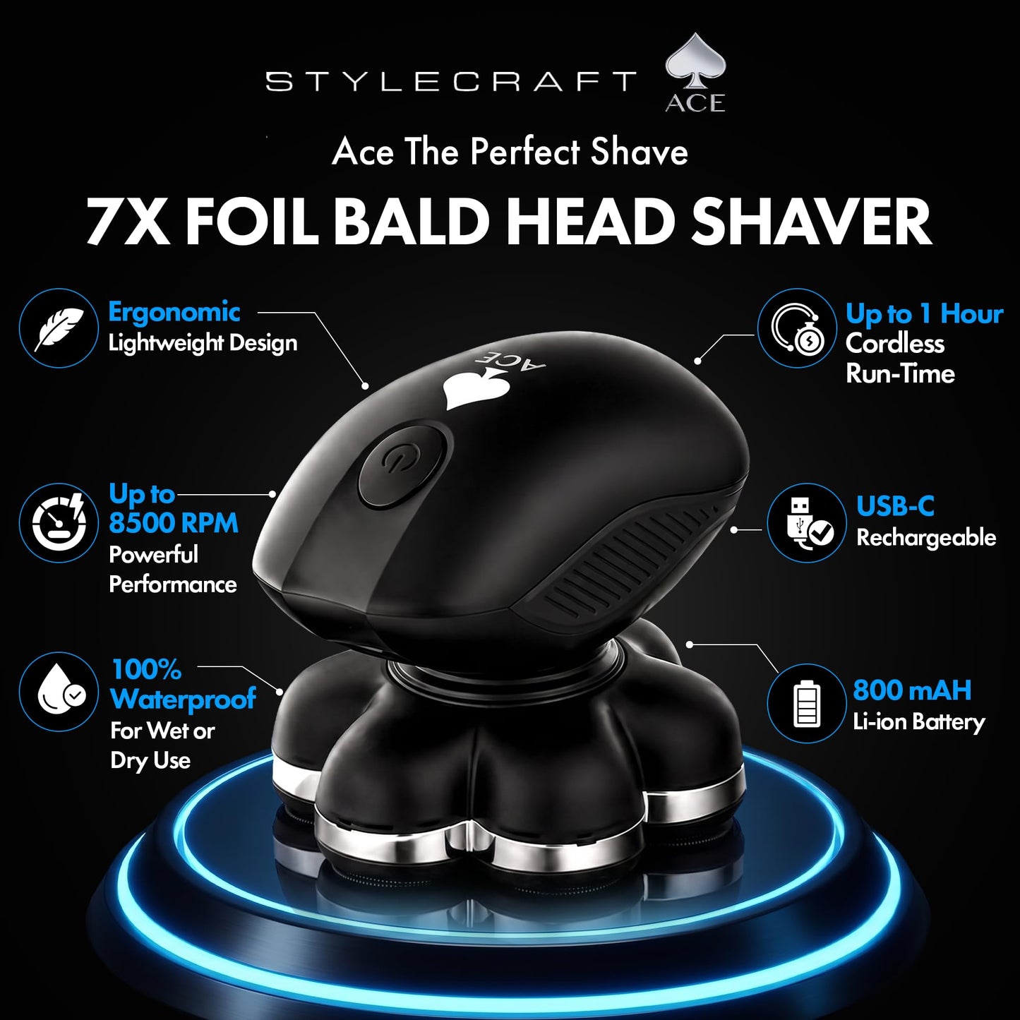 StyleCraft Ace 7X - Afeitadora rotativa de cabeza calva, maquinilla de afeitar eléctrica inalámbrica para hombres, afeitadora de lámina ultra cerrada, recargable por USB