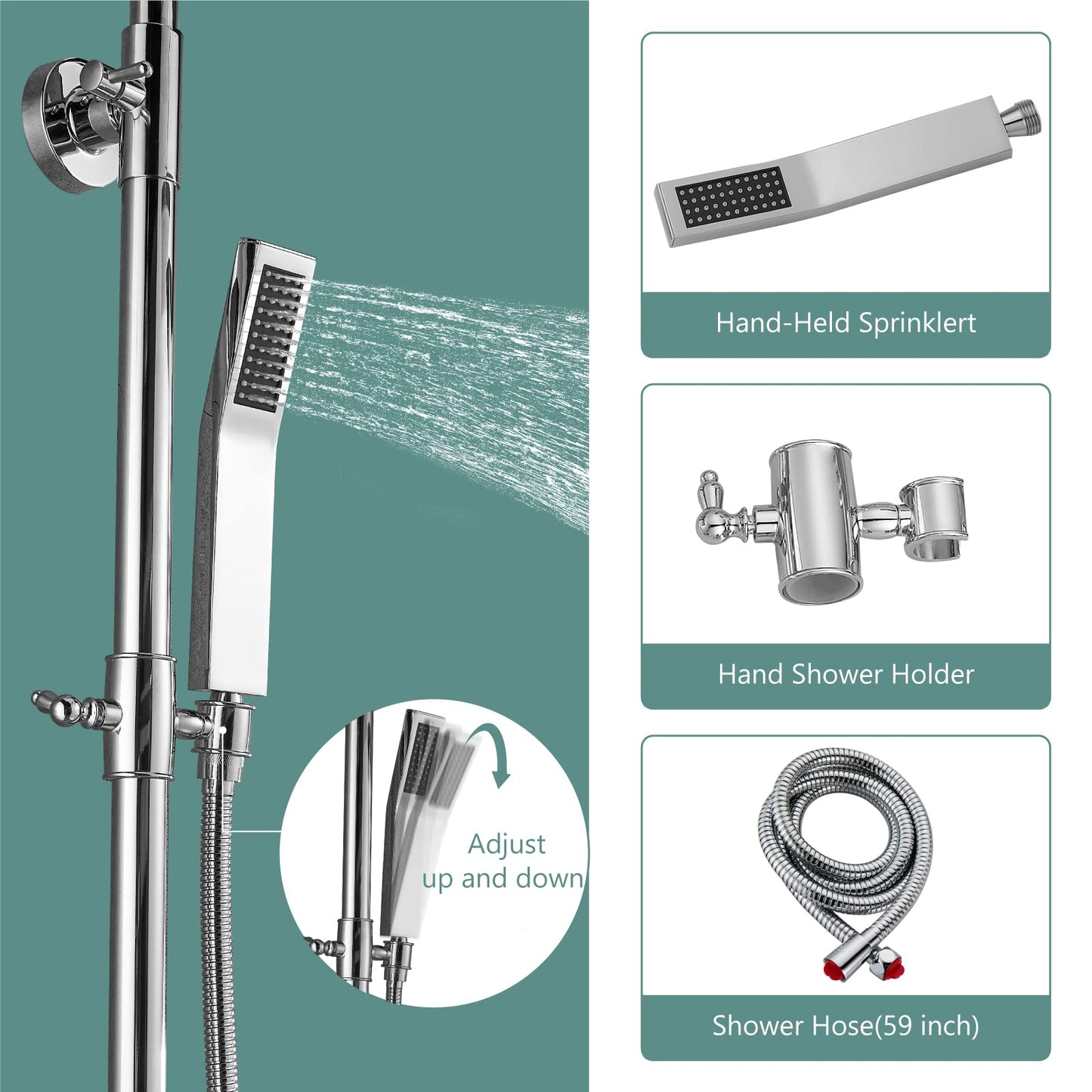Heyalan - Sistema de ducha expuesto chapado en cromo pulido 3 funciones, juego de llave de ducha de baño cuadrado de 8 pulgadas, cabezal de ducha de lluvia, montaje en pared, juego de 8 duchas