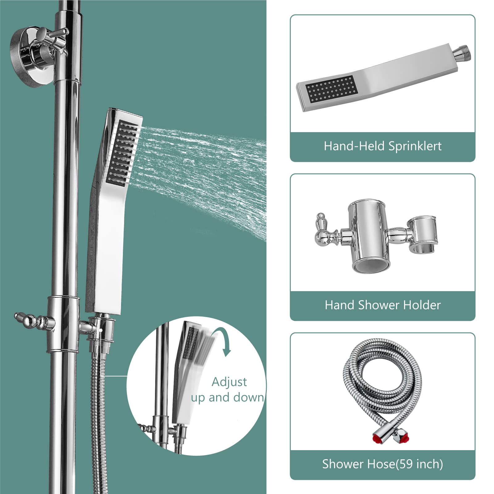 Heyalan - Sistema de ducha expuesto chapado en cromo pulido 3 funciones, juego de llave de ducha de baño cuadrado de 8 pulgadas, cabezal de ducha de lluvia, montaje en pared, juego de 8 duchas