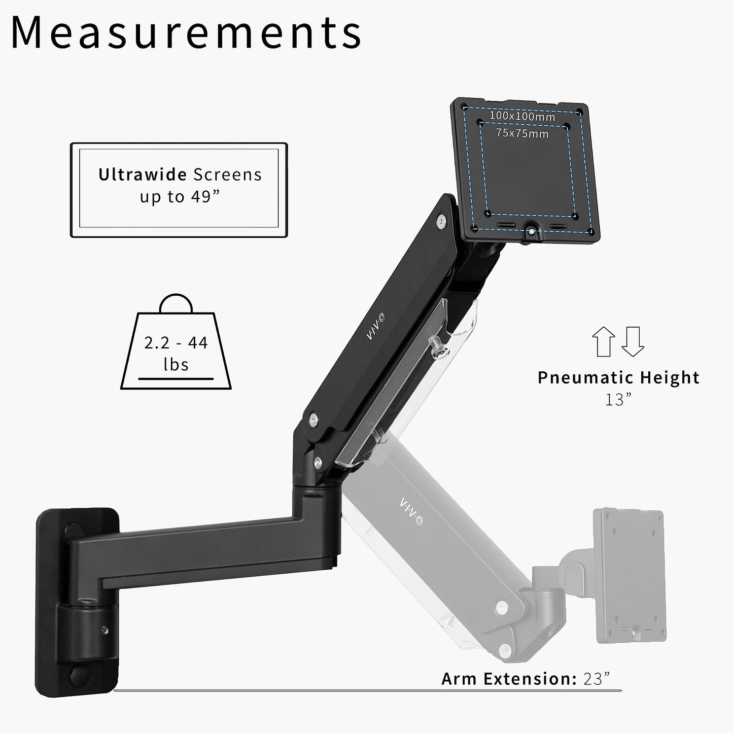 Brazo de Aluminio VIVO Negro para Pantallas ultrarrápidas Hasta 49 Pulgadas con Altura Neumática