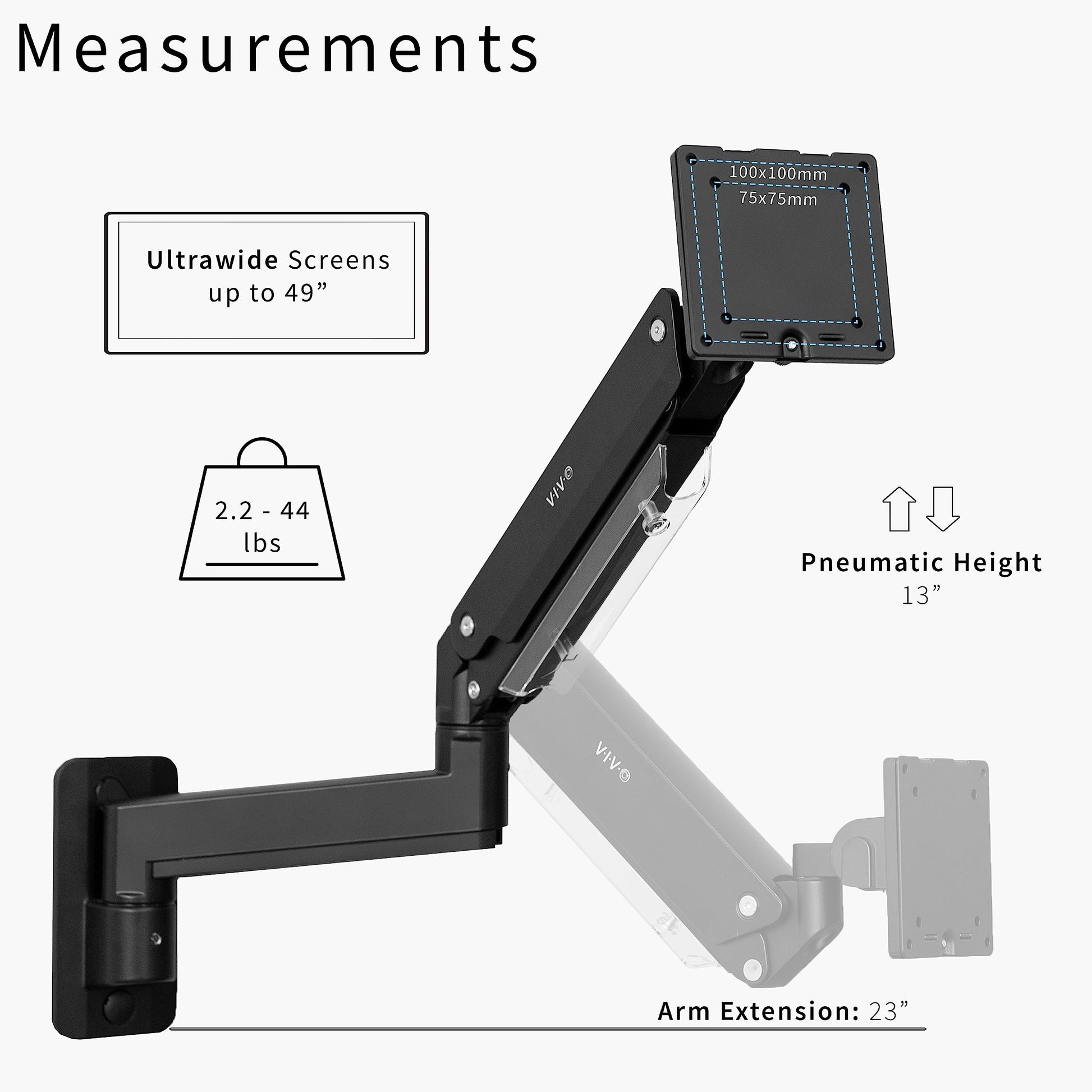 Brazo de Aluminio VIVO Negro para Pantallas ultrarrápidas Hasta 49 Pulgadas con Altura Neumática