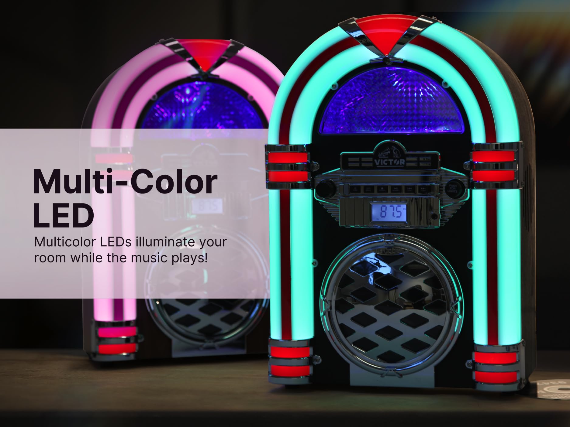 VICTOR VDTJ-1550 Broadway - Altavoz Bluetooth para computadora con Radio FM, iluminación LED Multicolor y Entrada Auxiliar, Perfecto para transmisión de música de Estilo Retro e iluminación Ambiental
