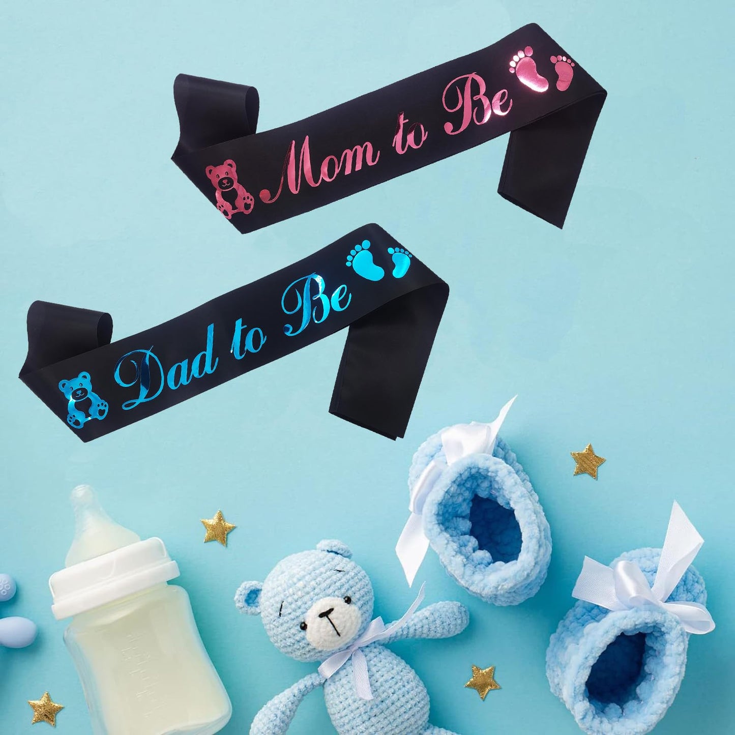 Juego de 2 bandas para mamá a ser y papá para ser sash, satén negro con letras doradas y azules, suministros de decoración de baby shower para regalos de madre padre, fiesta de revelación de género