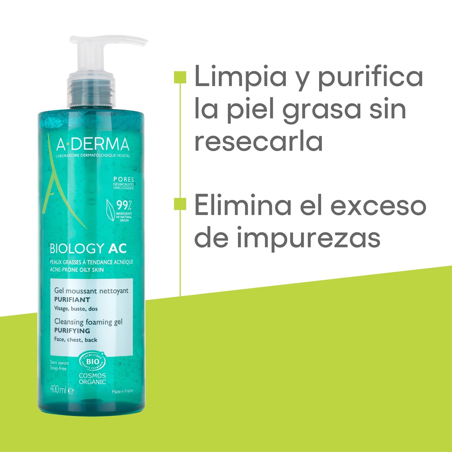 ADERMA, Biology AC Gel Limpiador Purificante, Para Piel Mixta a Grasa con Tendencia Acnéica, 400 ml