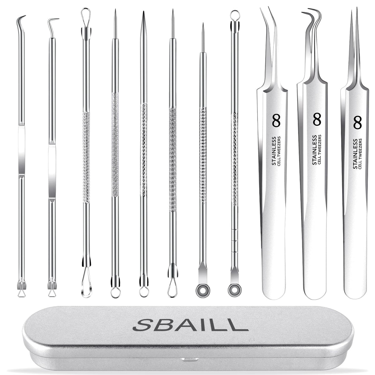 SBAILL Kit de eliminación de acnéextractor de espinillaskit de herramientas para quitar manchaspuntos blancos11 piezas para quitar la picadura para la nariz y la cara con una caja de regaloPlateado