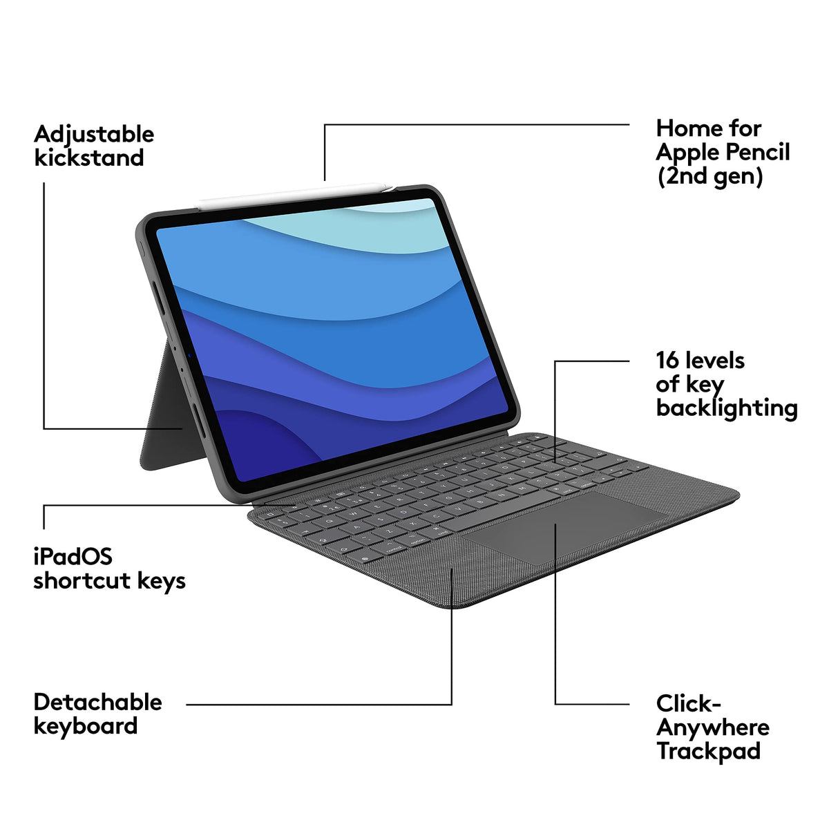 Funda con Teclado Logitech iPad Pro 11 Pulgadas Gris Claro Retroiluminado y Trackpad Click-Anywhere