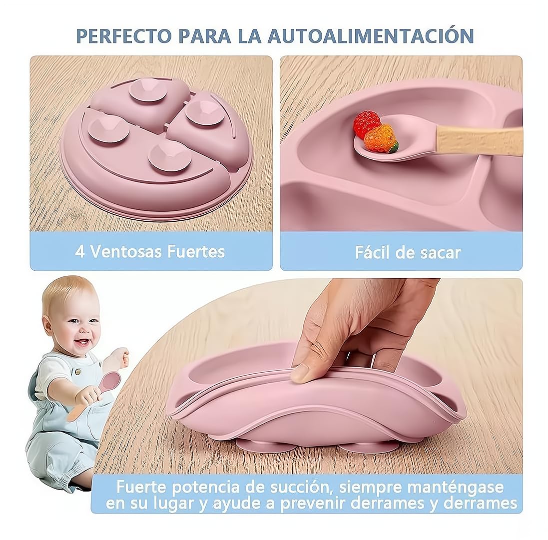 Set de Platos y Cubiertos Babe Rosa con Ventosas para Bebé