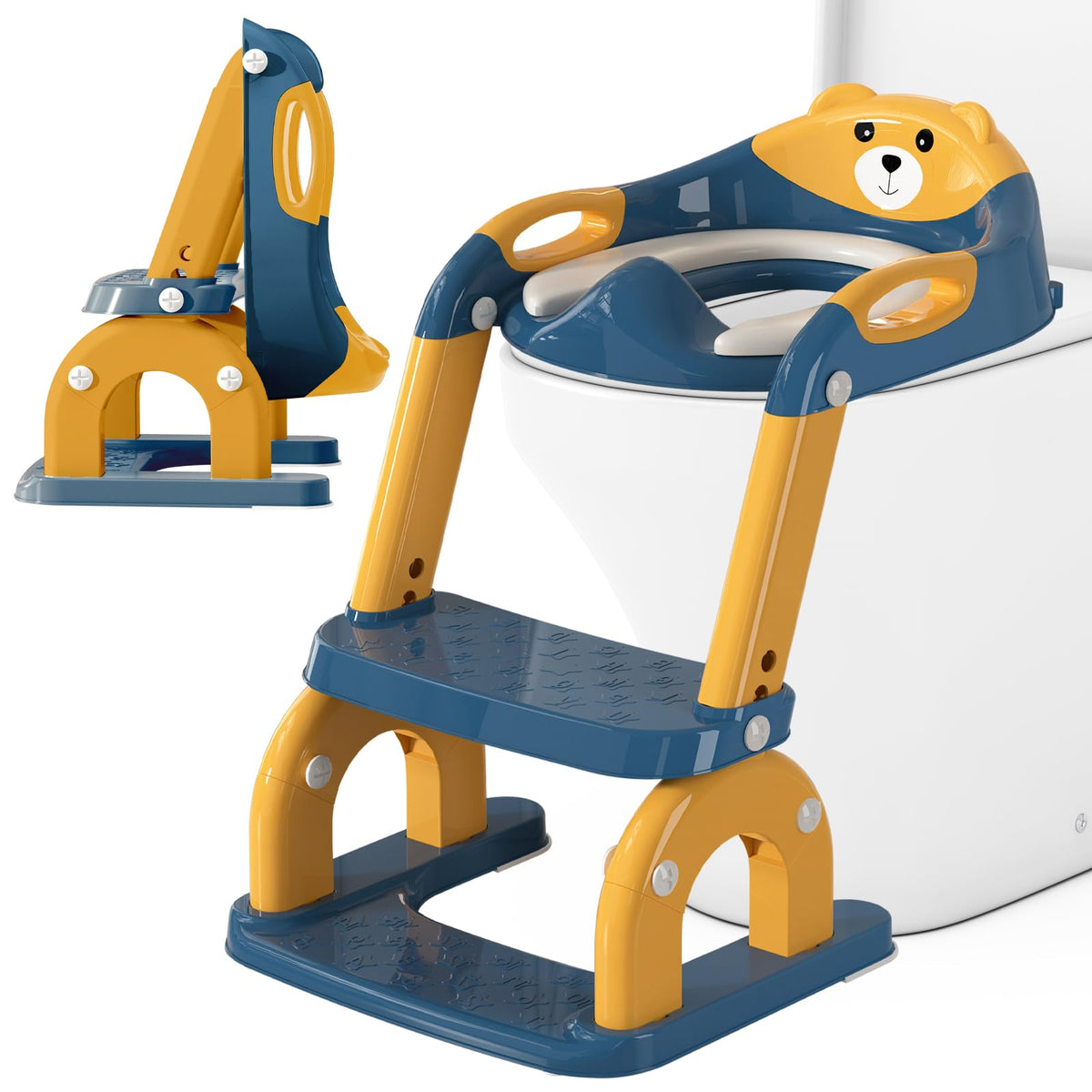 CUXFLS - Asiento de entrenamiento para ir al baño con escalera para niños pequeños, inodoro ajustable 2 en 1 para niños y niñas con protector contra salpicaduras, cojín impermeable, taburete