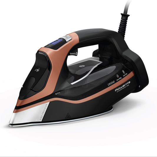 Rowenta Iron - Plancha de vapor Steam Force Pro para ropa, 1850 vatios, 5 presintonías de visualización inteligente, suela de acero inoxidable, planchado de mano de alta eficiencia, cobre negro,