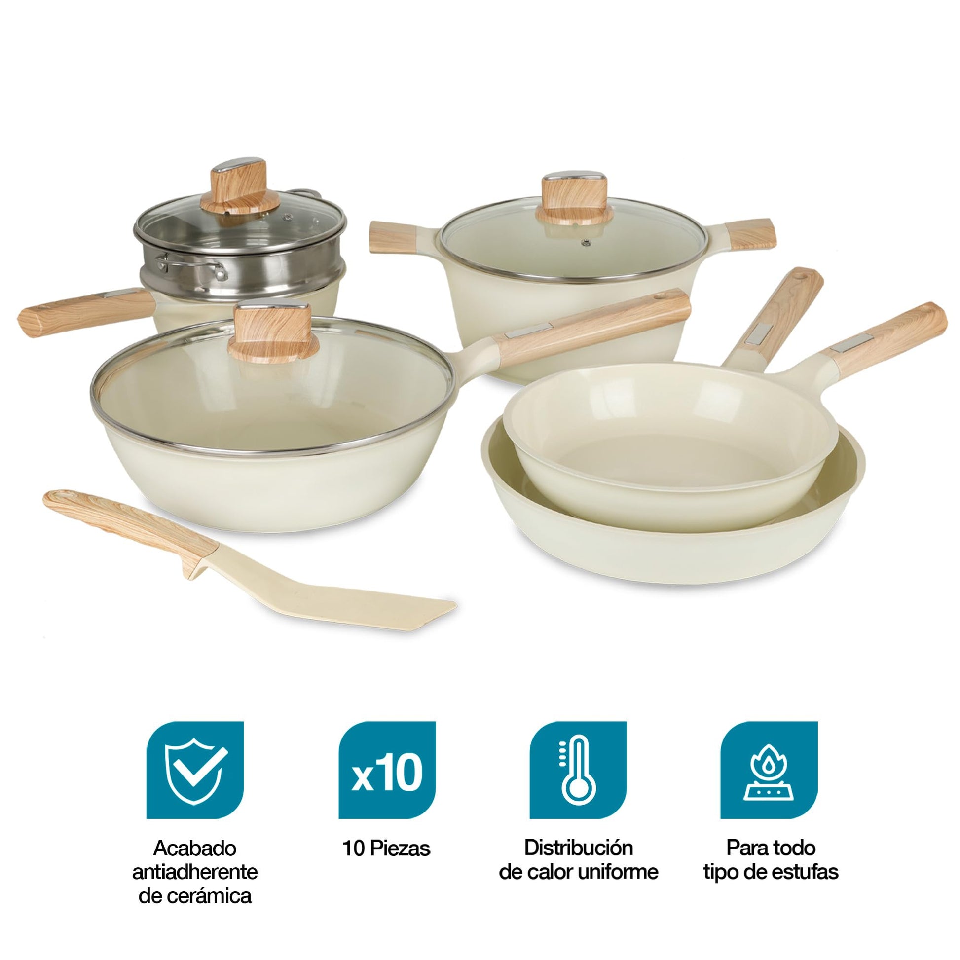 CASA LITUS Batería de Cocina con Cubierta de Cerámica Antiadherente (10 Piezas), Incluye 3 Sartenes, Olla, Cacerola, Vaporera, Tapas y Espátula, para Estufa de Fuego e Inducción, Libre de PFOAs y BPA