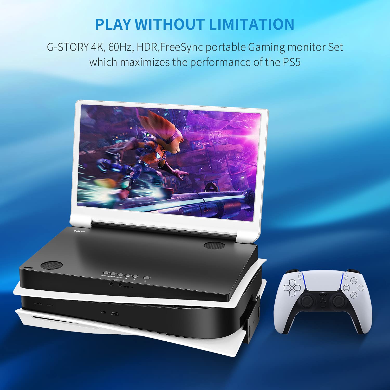 G-Story 15.6" Inch IPS 4k 60Hz Portable Monitor Gaming Display Integrated with PS5(Not Included) 3840×2160 with 2 HDMI Ports,FreeSync,Built-in 2 of Multimedia Stereo Speaker,UL