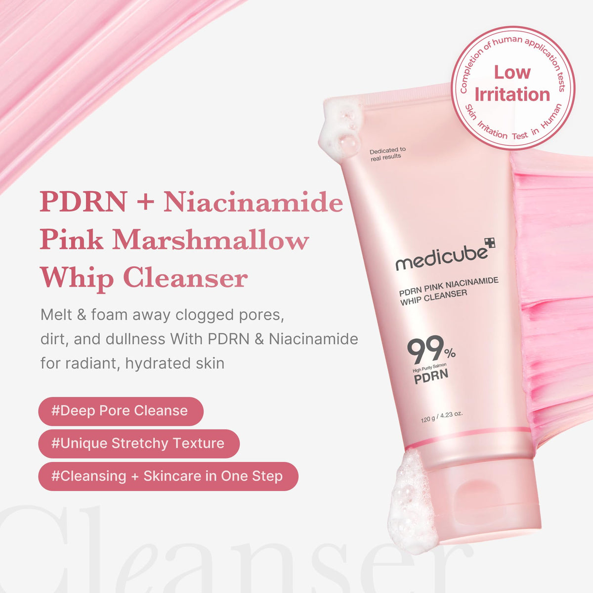 MEDICUBE PDRN Pink Niacinamide Whip Cleanser, Limpiador Facial Coreano en Espuma con PDRN de Salmón 99% Puro, Niacinamida, Ácido Hialurónico y Ceramidas, 120 g