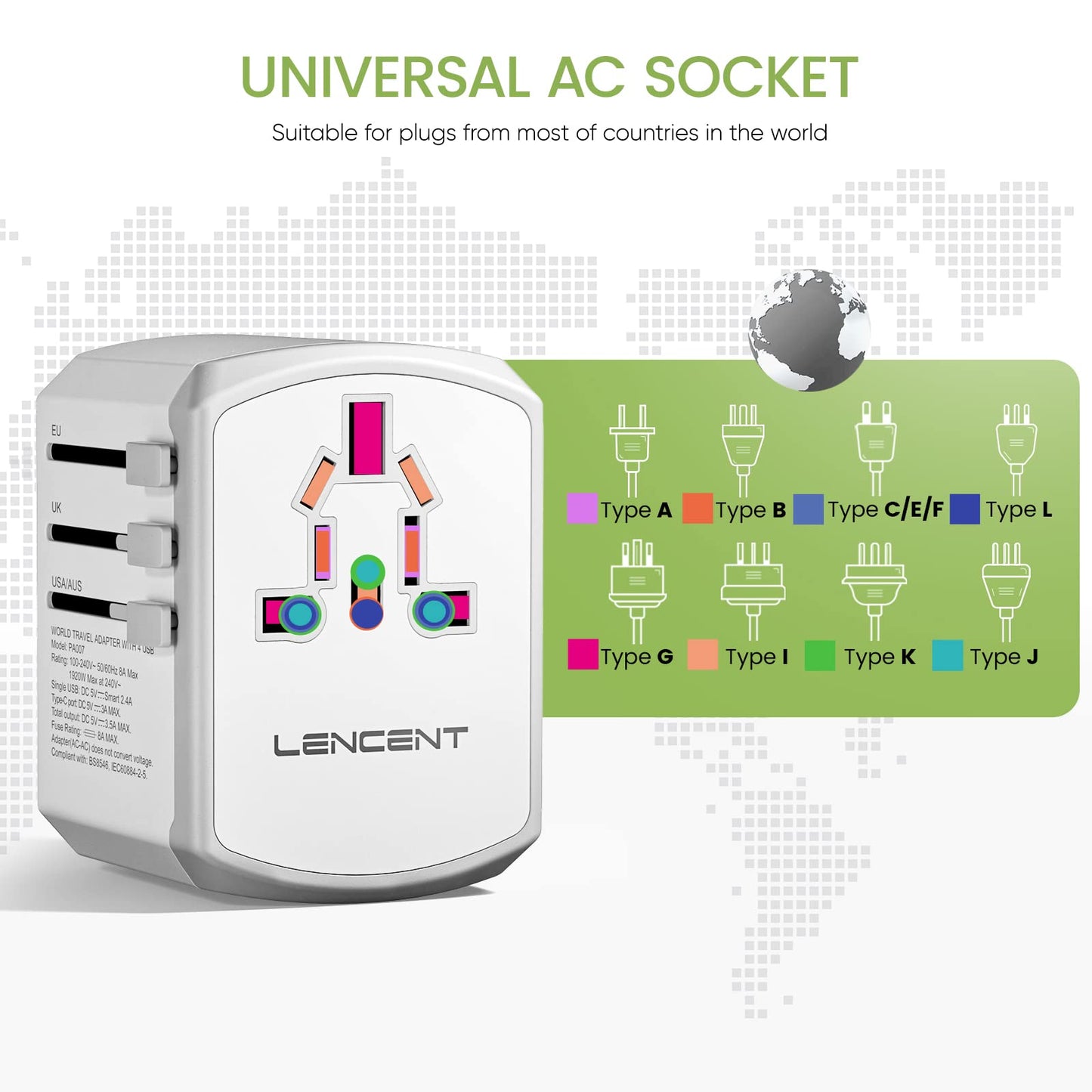 LENCENT Adaptador Universal de Viaje, 17.5W Adaptador de Corriente Europeo con 4 Puertos USB (1 UBS C), Travel Essentials para el Reino Unido, Europa, Americano, Argentina, Australia, Blanco