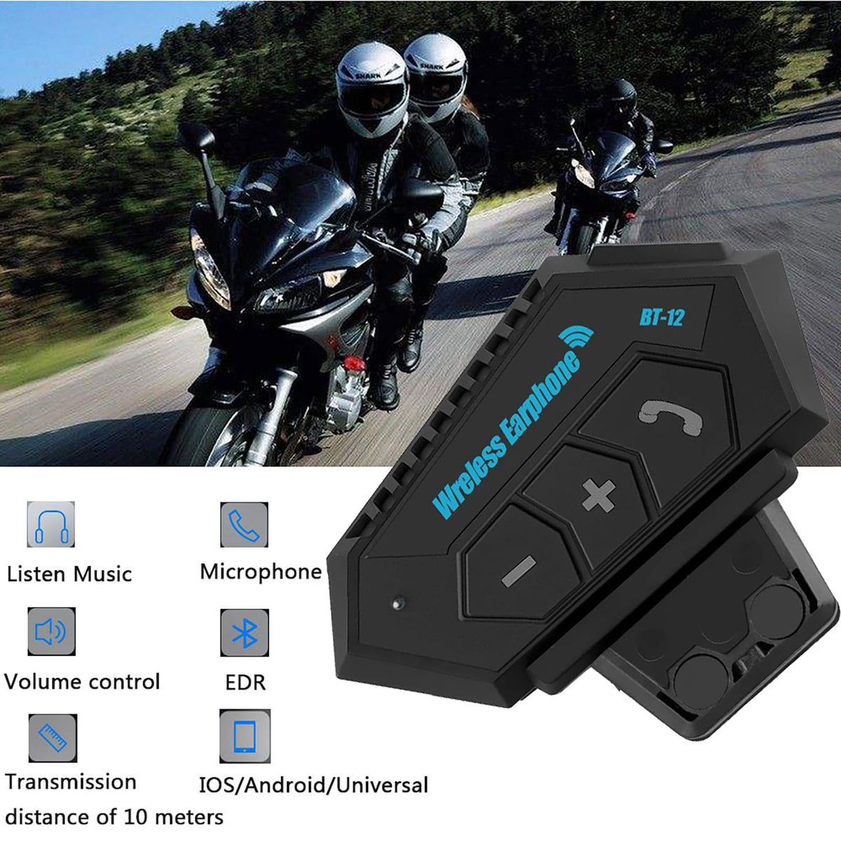 Auriculares Estéreo Bluetooth LYANGET Negro para Motociclismo