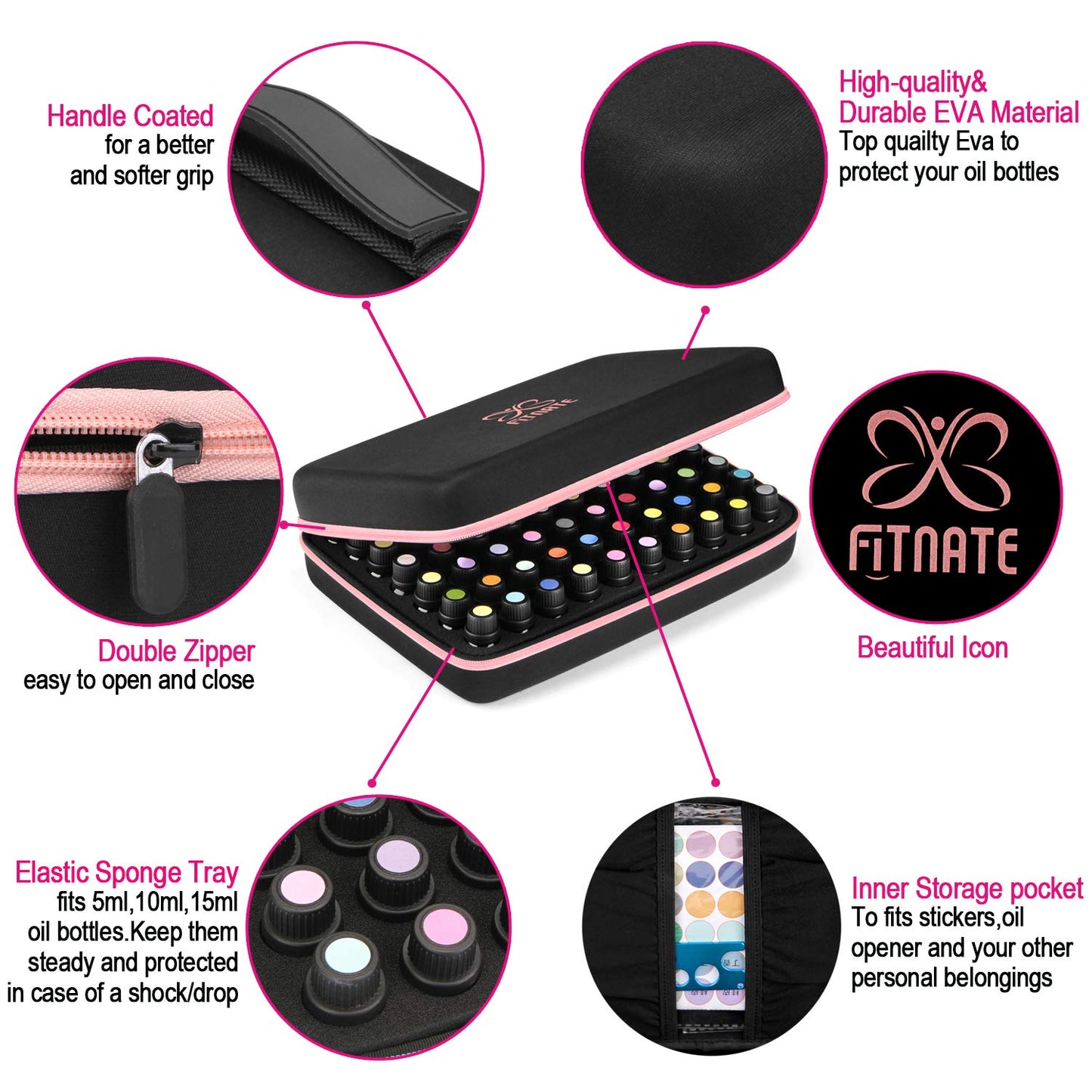 FITANTE Caja de Aceite Esencials, Almacenamiento de Aceites Esenciales, 70 Botellas EVA Concha Dura Aceite Esencial Funda de Transporte Contenedor Cajas de Almacenamiento para 5ml 10 ml 15 ml-Rosa