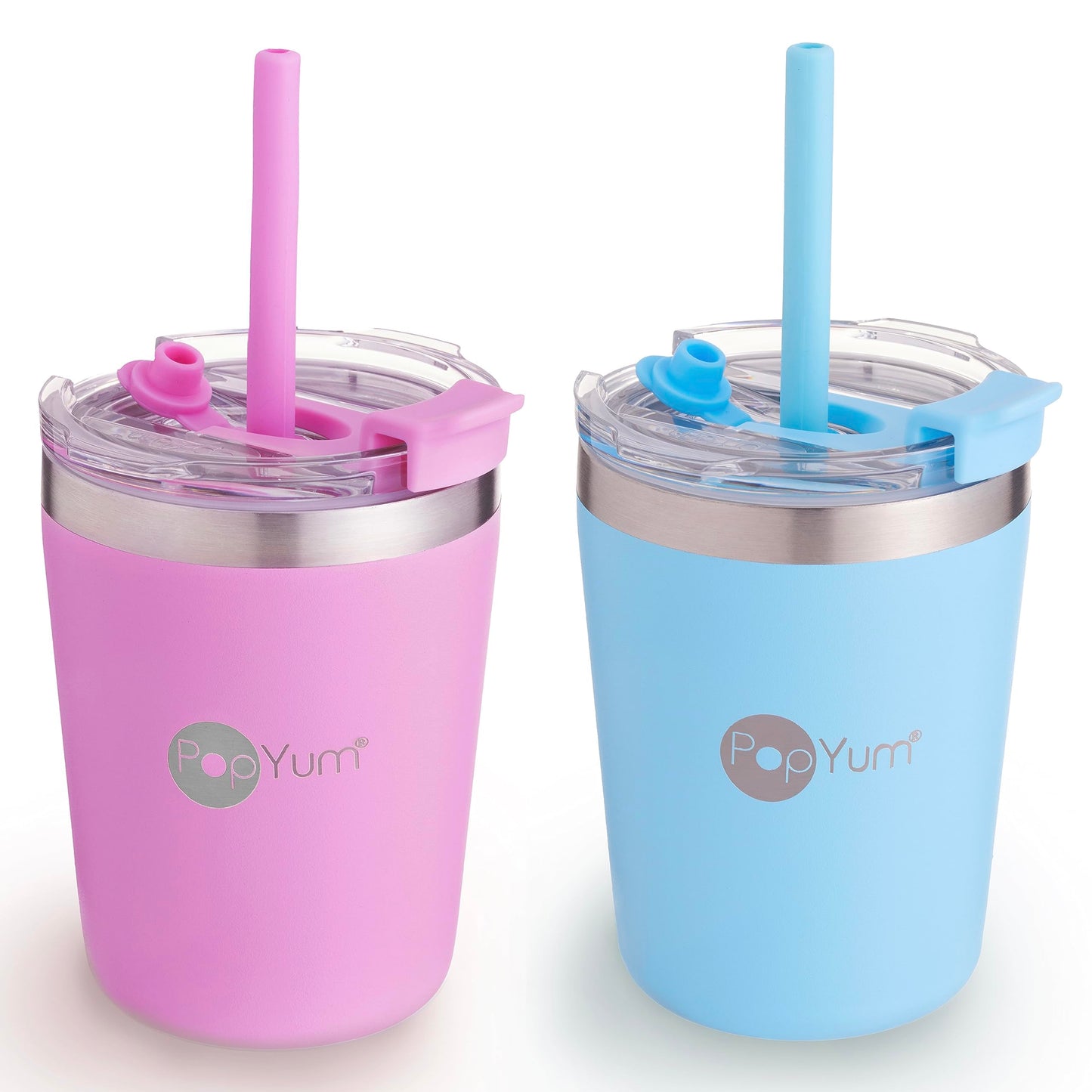 PopYum Vasos Térmicos de Acero Inoxidable de 9 onzas con tapa y popote, Paquete de 2, anti derrame, apilables, para bebés y niños pequeños, de triple pared y sin BPA. Rosa y Azul.