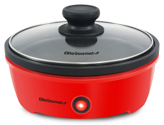 Elite Gourmet EGL-6101 - Sartén para freír personal, calentamiento rápido, sartén eléctrica antiadherente de 650 vatios con tapa de vidrio templado, color rojo