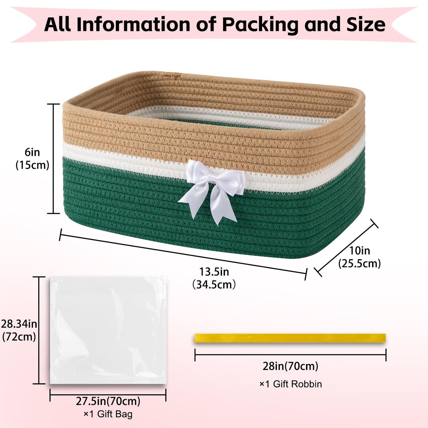 OIAHOMY - Cesta de almacenamiento tejida grande con asas para guardería, estantes de sala de estar, cesta de lazo para regalos vacía con bolsas de regalo y cintas para baby shower, contenedor de