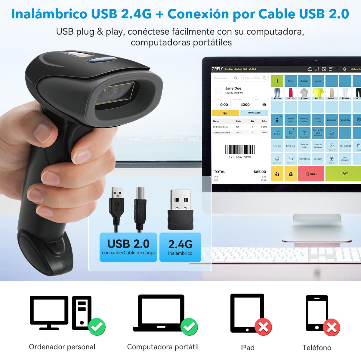 Gurkitsy Escáner de Código de Barras 1D 2D Inalámbrico, Handheld Lector de Códigos de Barras Láser con Receptor (Inalámbrico 2.4GHz + Cable USB) 2000mAh 573979