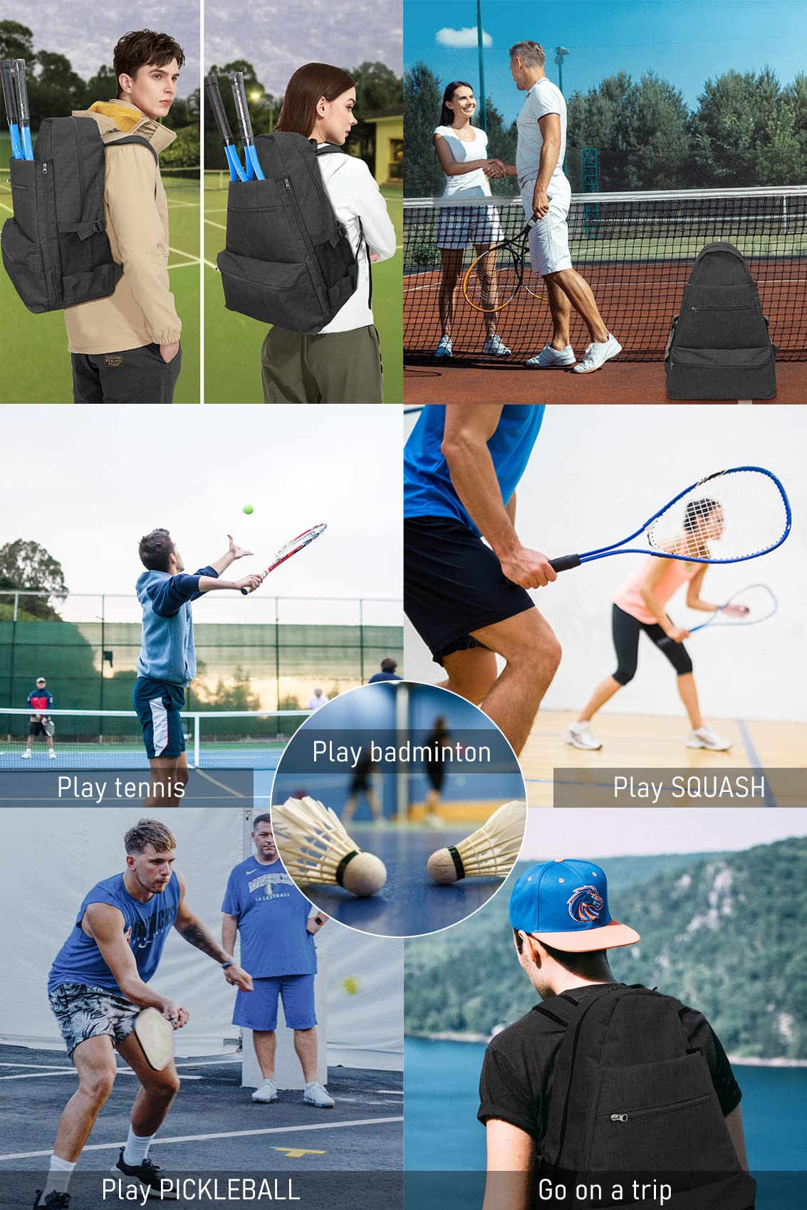 Layway - Mochila de tenis para hombres y mujeres, bolsa de raquetas de tenis para llevar raquetas de racquetball, squash, bádminton, pickleball y otros accesorios deportivos de viaje (negro)