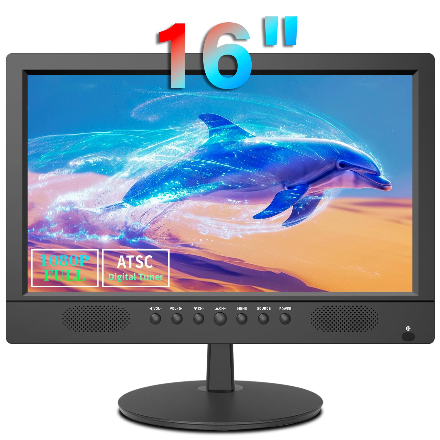 Jexiop TV de visualización plana de 16 pulgadas, televisor pequeño con control remoto, perfecto Full HD 1080P para cocina, entrada de adaptador de CA de doble alimentación DC-12V y CA para tu RV y