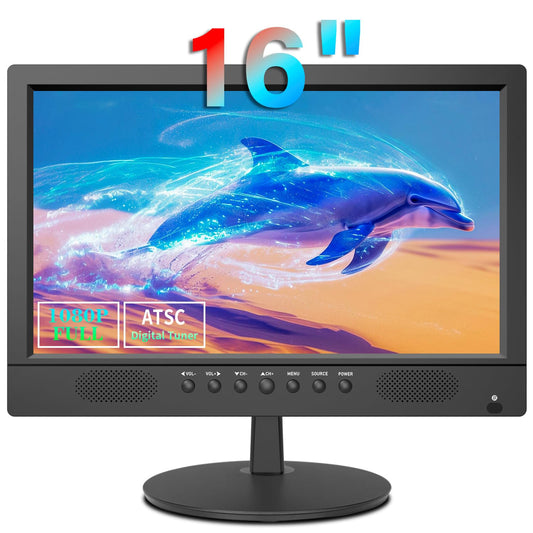 Jexiop TV de visualización plana de 16 pulgadas, televisor pequeño con control remoto, perfecto Full HD 1080P para cocina, entrada de adaptador de CA de doble alimentación DC-12V y CA para tu RV y