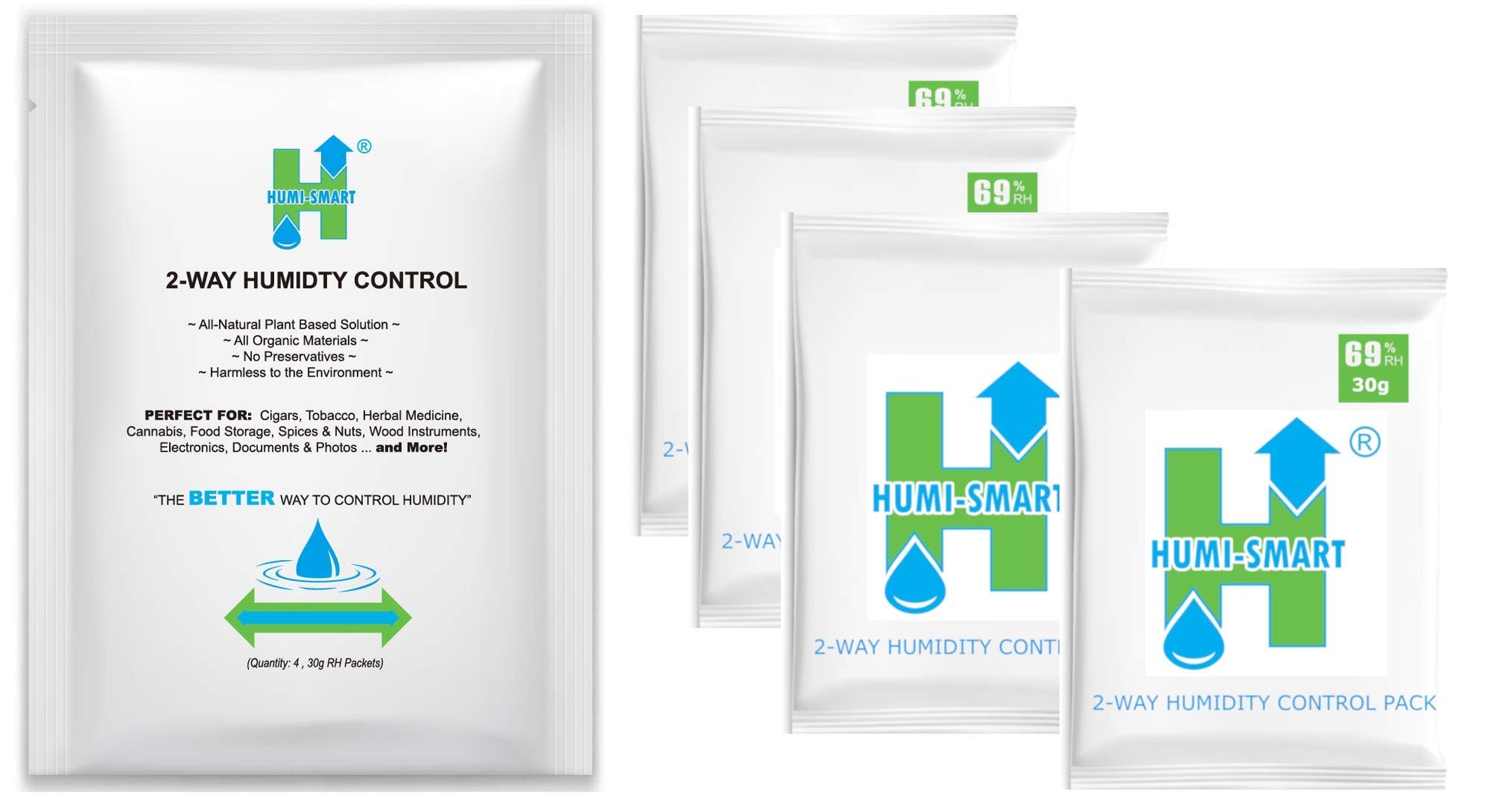 Humi-Smart Control de humedad de 2 vías 69% HR 30 g, paquete de 4 unidades para una humedad ideal