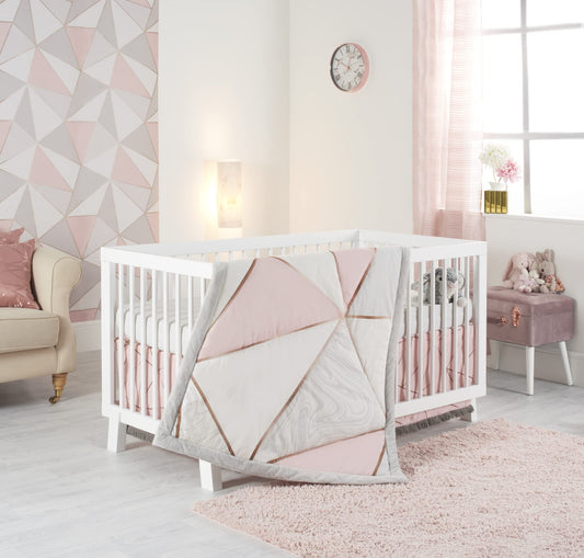 OBERLUX Juego de ropa de cama para cuna para niñas, juego de cama de 4 piezas, geométrico, oro rosa, rosa polvo y mármol, colección preciosa