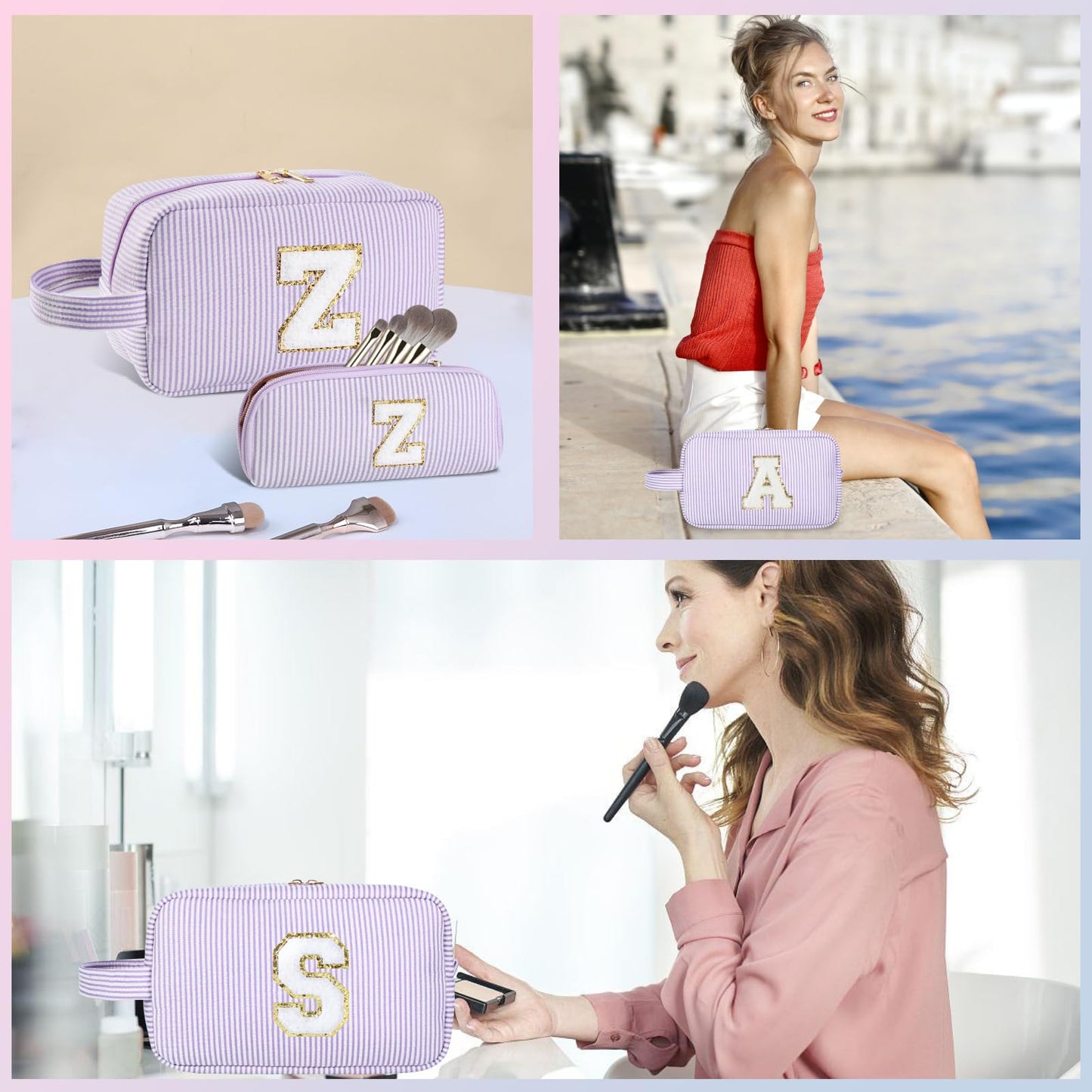 Huifen - Bolsa de maquillaje personalizada con inicial A-Z, bolsa de aseo de viaje para niñas, bonita bolsa de cosméticos organizador de maquillaje, boda, cumpleaños, día de la madre, regalos para