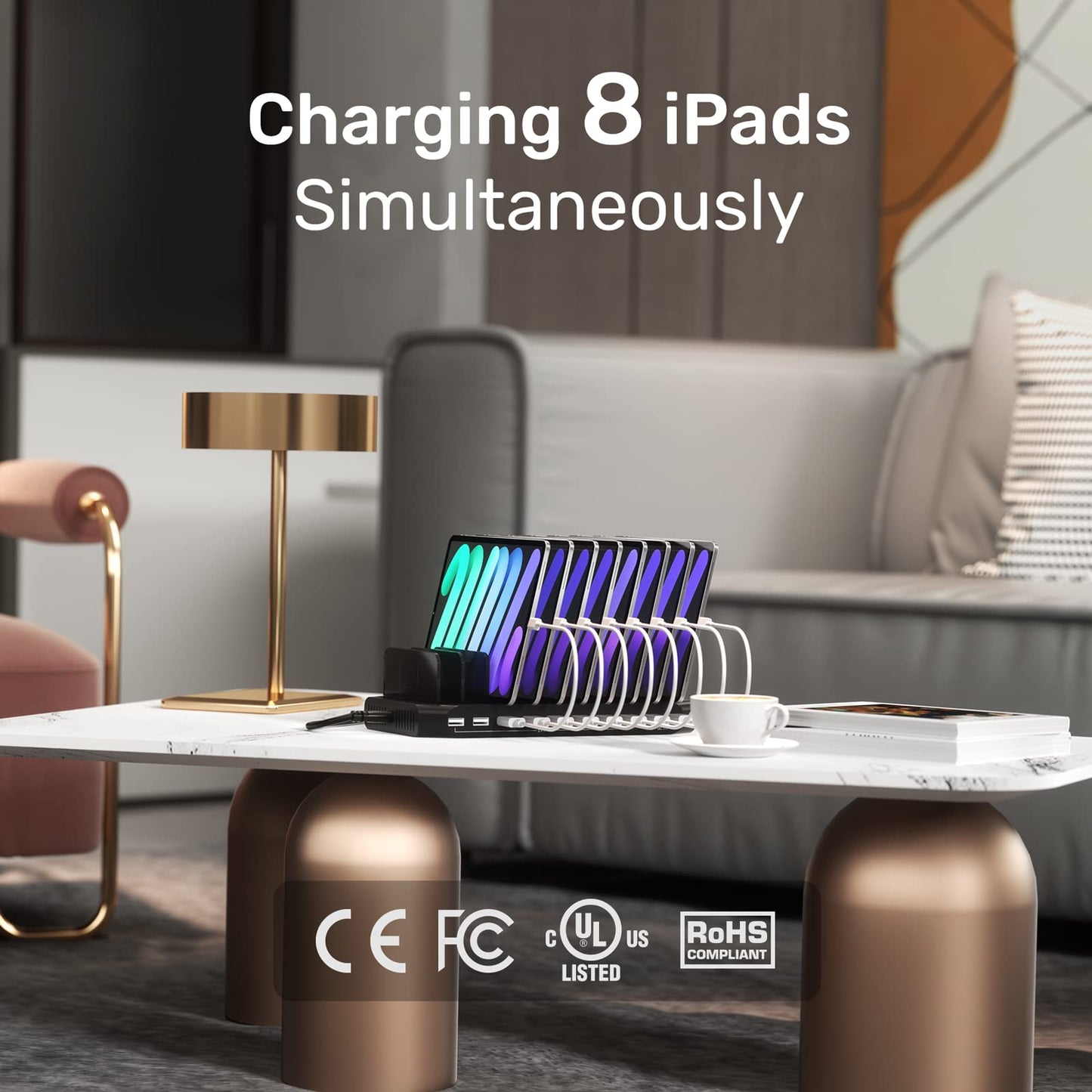 Estación de Carga USB Unitek Gris con Soporte Organizador de Carga Rápida 3.0 para Smartphone, Tablet e iPad