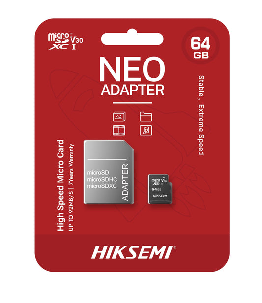 HIKSEMI Tarjeta de Memoria C1, MicroSDXC con Adaptador SD, UHS-I, C10, U1, V30, Lectura: 92MB/s, Clase 10, Diseñada para Uso 24/7 (1 Pack, 64GB)