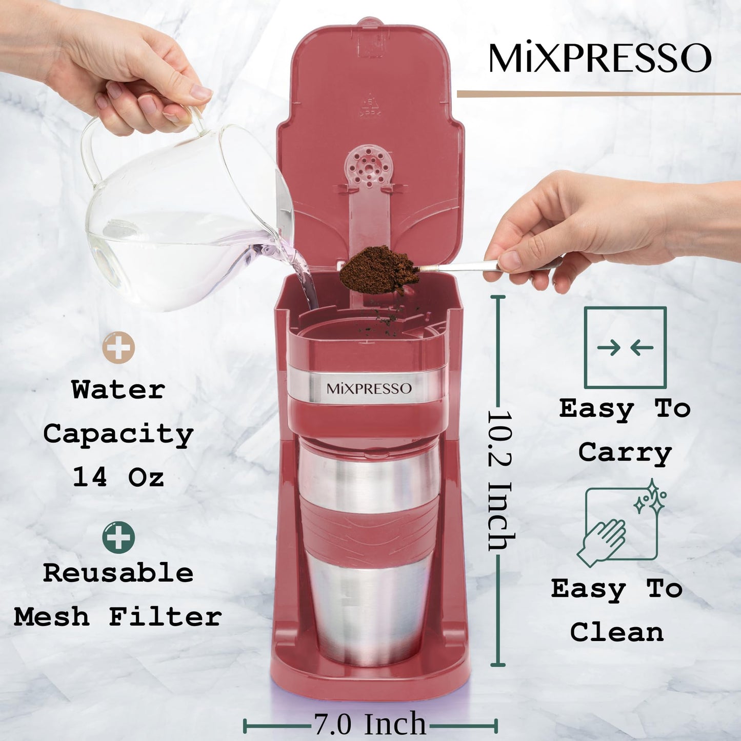 Mixpresso - Cafetera personal y taza de viaje de 14 onzas, cafetera pequeña y vaso de goteo, apagado automático y filtro reutilizable, cafetera roja compatible con posos de café