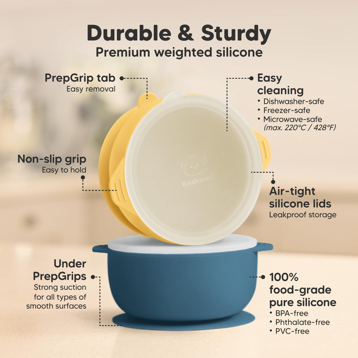 KeaBabies Pack de 2 cuencos para bebé con ventosa y tapa – Cuenco de silicona para niños y niñas, sin BPA