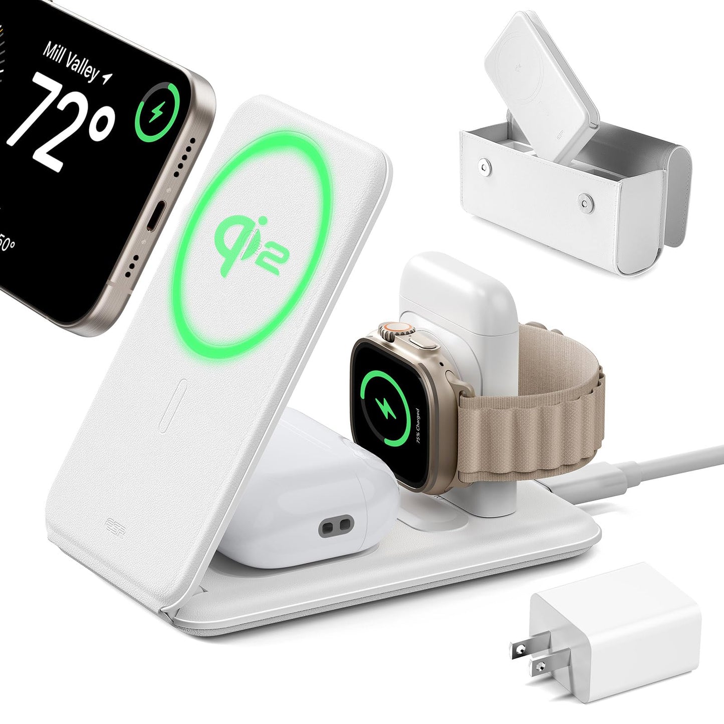 Estación de Carga 3 en 1 ESR Blanco con Cargador MagSafe Qi2 de 15W para Apple