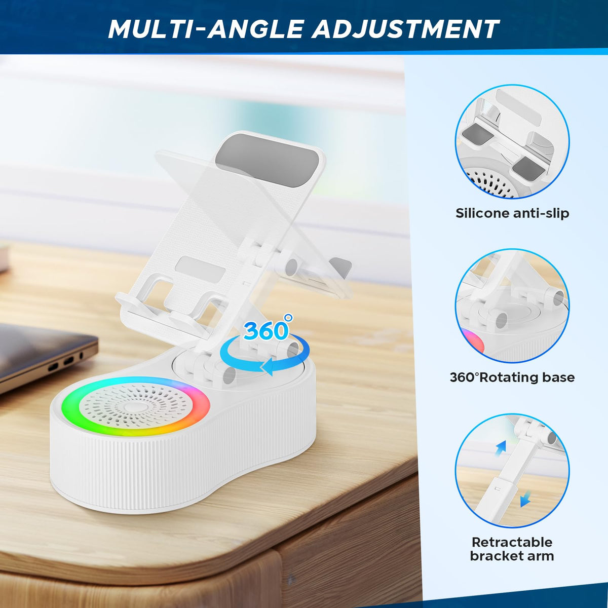 Soporte para Teléfono Celular con Altavoz Bluetooth Inalámbrico Giratorio 360° para Escritorio
